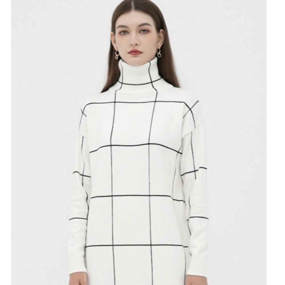 Chicwish Warm Welcome Grid Turtleneck Sweater Dress - M
